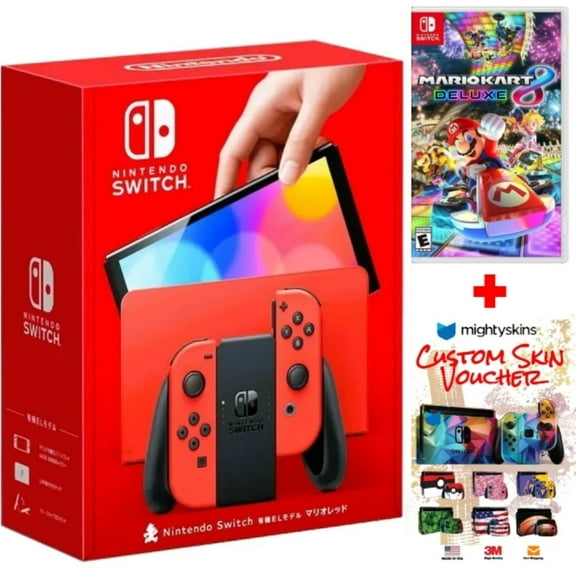 Nintendo Switch OLED Model Mario Red Edition Bundle with Mario Kart 8 Deluxe Game & Mightyskins Voucher – JP Edition with US Plug