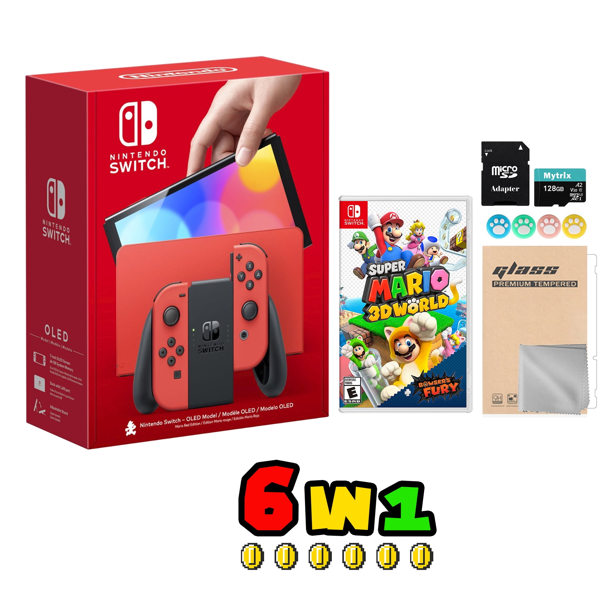 2023 New Nintendo Switch 64GB Free 128GB Dock Region Accessories -JP Mario Console Con MicroSD Card Bros. HD & OLED Mytrix Wonder, LAN-Port Model Mario Red Joy Super Screen Version Edition and with