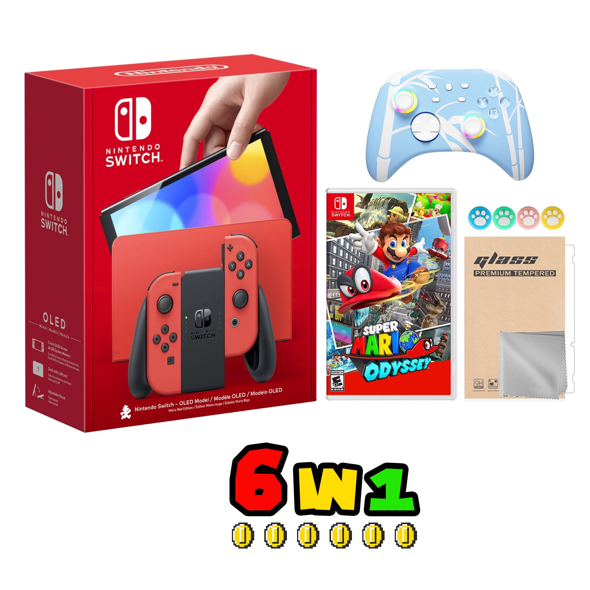 Nintendo Switch OLED Model Mario Red Edition Joy Con 64GB Console HD Screen  & LAN-Port Dock with Mario Kart 8 Deluxe, Mytrix Blue Wireless Switch Pro