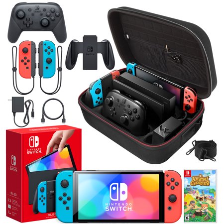 Nintendo Switch OLED Model (Neon Red/Blue) Animal Crossing: New Horizons Bundle | Includes Wireless Pro Controller, Extra Joy-Con (Red/Blue) | With Signature Series Large Carry Case and Earphones