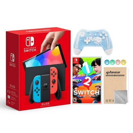 Nintendo Switch OLED Model Neon Red & Blue Joy Con 64GB Console HD Screen & LAN-Port Dock with 1-2 Switch And Mytrix Wireless Switch Pro Controller and Accessories