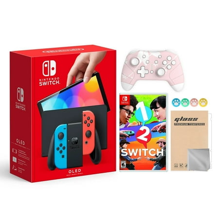 Nintendo Switch OLED Model Neon Red & Blue Joy Con 64GB Console HD Screen & LAN-Port Dock with 1-2 Switch And Mytrix Wireless Switch Pro Controller and Accessories