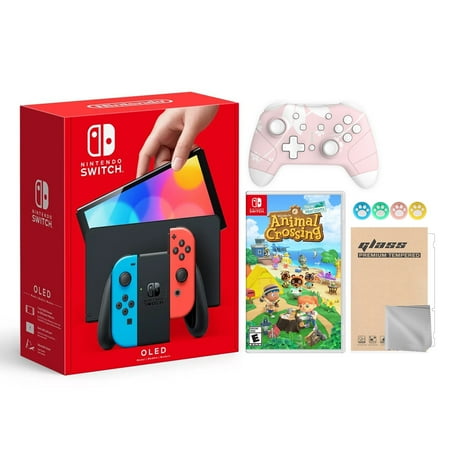 Nintendo Switch OLED Model Neon Red & Blue Joy Con 64GB Console HD Screen & LAN-Port Dock with Animal Crossing: New Horizons And Mytrix Wireless Switch Pro Controller and Accessories