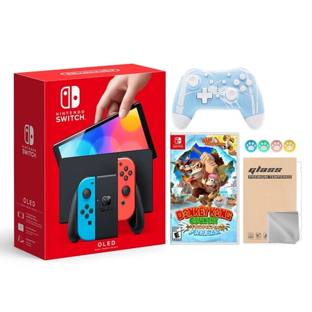 Nintendo Switch OLED Model Neon Red & Blue Joy Con 64GB Console HD Screen & LAN-Port Dock Bundle with Donkey Kong Country And Mytrix Wireless Pro Controller and Accessories