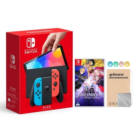 Nintendo Switch OLED Model Neon Red and Blue Joy Con 64GB Console HD Screen and LAN-Port Dock with Fire Emblem: Three Houses and Mytrix Joystick Caps and Screen Protector 2021 New