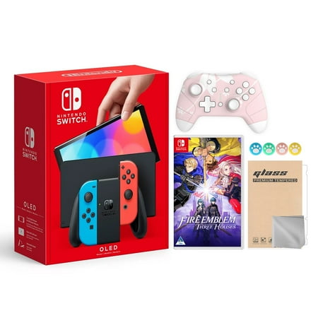 Nintendo Switch OLED Model Neon Red & Blue Joy Con 64GB Console HD Screen & LAN-Port Dock with Fire Emblem: Three Houses And Mytrix Wireless Switch Pro Controller and Accessories
