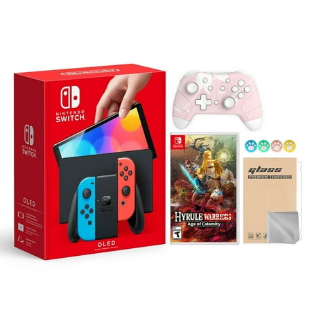 Nintendo Switch OLED Model Neon Red & Blue Joy Con 64GB Console HD Screen & LAN-Port Dock with Hyrule Warriors: Age of Calamity And Mytrix Wireless Switch Pro Controller and Accessories