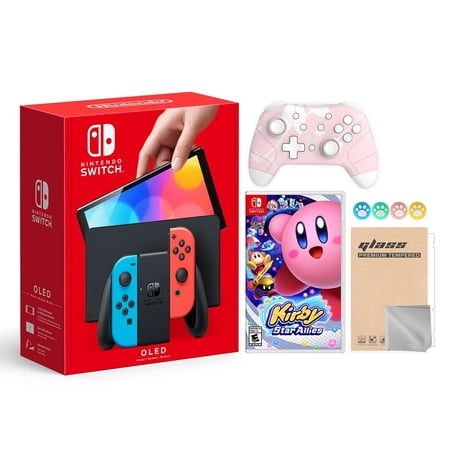 Nintendo Switch OLED Model Neon Red & Blue Joy Con 64GB Console HD Screen & LAN-Port Dock with Kirby Star Allies And Mytrix Wireless Switch Pro Controller and Accessories