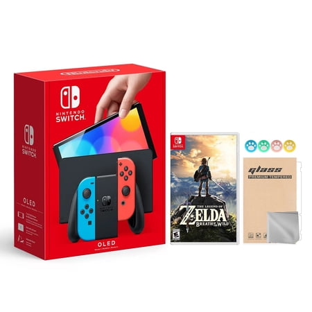 Nintendo Switch OLED Model Neon Red & Blue Joy Con 64GB Console HD Screen & LAN-Port Dock with The Legend of Zelda: Breath of the Wild And Mytrix Joystick Caps & Screen Protector