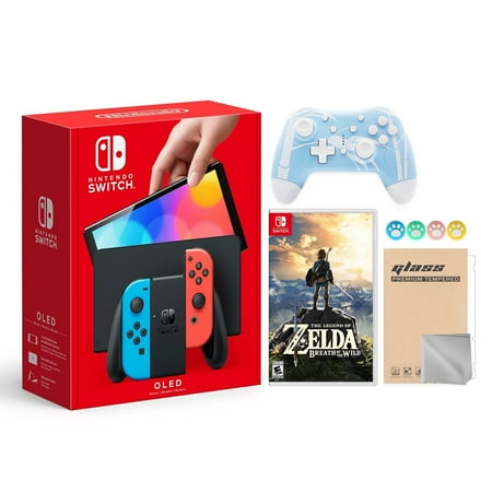 Nintendo Switch OLED Model Neon Red & Blue Joy Con 64GB Console HD Screen & LAN-Port Dock with The Legend of Zelda: Breath of the Wild And Mytrix Wireless Pro Controller and Accessories