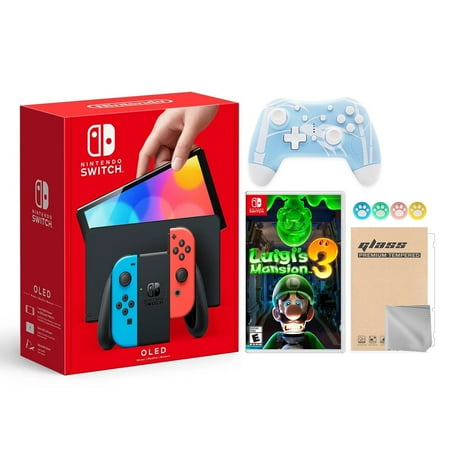 Nintendo Switch OLED Model Neon Red & Blue Joy Con 64GB Console HD Screen & LAN-Port Dock with Luigi's Mansion 3 And Mytrix Wireless Switch Pro Controller and Accessories