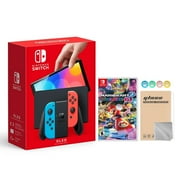 Nintendo Switch OLED Model Neon Red and Blue Joy Con 64GB Console HD Screen and LAN-Port Dock with Mario Kart 8 Deluxe and Mytrix Joystick Caps and Screen Protector 2021 New