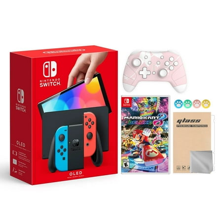 Nintendo Switch OLED Model Neon Red & Blue Joy Con 64GB Console HD Screen & LAN-Port Dock with Mario Kart 8 Deluxe And Mytrix Wireless Switch Pro Controller and Accessories