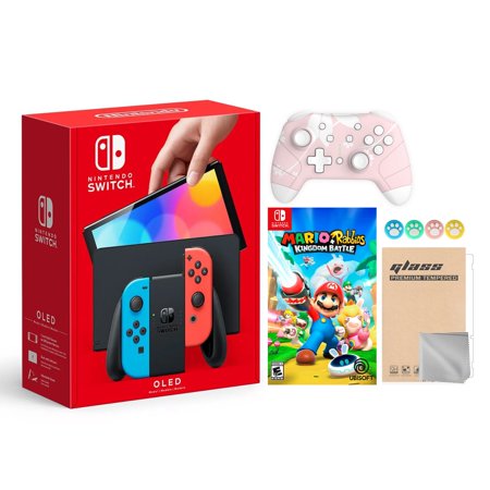 Nintendo Switch OLED Model Neon Red & Blue Joy Con 64GB Console HD Screen & LAN-Port Dock with Mario Rabbids Kingdom Battle And Mytrix Wireless Controller and Accessories