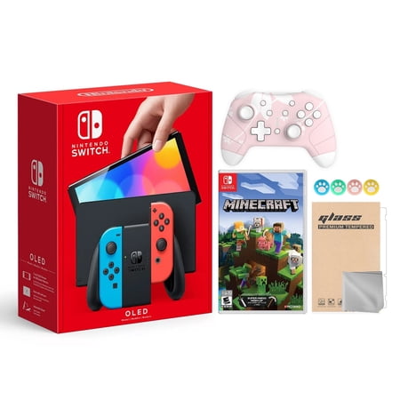 Nintendo Switch OLED Model Neon Red & Blue Joy Con 64GB Console HD Screen & LAN-Port Dock with Minecraft And Mytrix Wireless Switch Pro Controller and Accessories