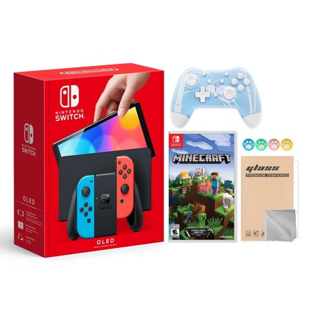 Nintendo Switch OLED Model Neon Red & Blue Joy Con 64GB Console HD Screen & LAN-Port Dock with Minecraft And Mytrix Wireless Switch Pro Controller and Accessories