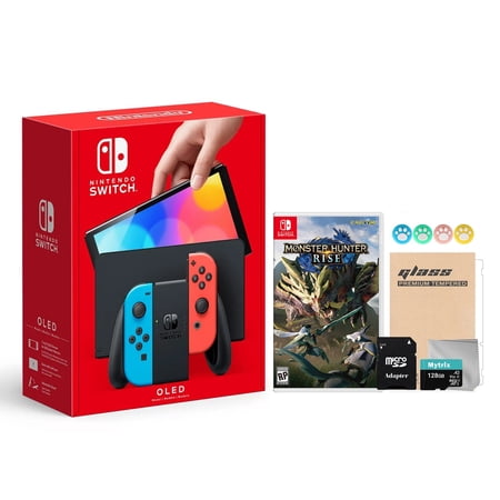 Nintendo Switch OLED Model Neon Red and Blue Joy Con 64GB Console HD Screen and LAN-Port Dock with Monster Hunter: Rise and Mytrix Accessories 2021 New