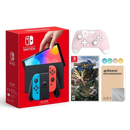 Nintendo Switch OLED Model Neon Red & Blue Joy Con 64GB Console HD Screen & LAN-Port Dock with Monster Hunter: Rise And Mytrix Wireless Switch Pro Controller and Accessories