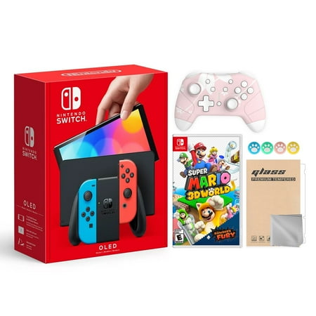 Nintendo Switch OLED Model Neon Red & Blue Joy Con 64GB Console HD Screen & LAN-Port Dock with Super Mario 3D World + Bowser's Fury And Mytrix Wireless Pro Controller and Accessories