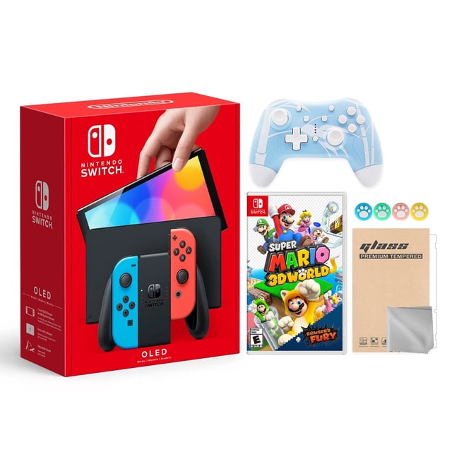 Nintendo Switch OLED 64GB Bundle: Red/Blue Joy Con, Mario 3D World ...