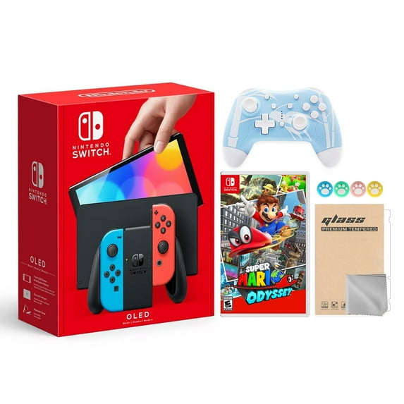 Nintendo Switch OLED Model Neon Red & Blue Joy Con 64GB Console HD Screen & LAN-Port Dock with Super Mario Odyssey And Mytrix Wireless Switch Pro Controller and Accessories