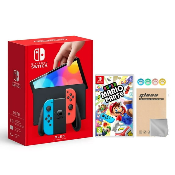 Nintendo Switch OLED Model Neon Red & Blue Joy Con 64GB Console HD Screen & LAN-Port Dock with Super Mario Party And Mytrix Joystick Caps & Screen Protector