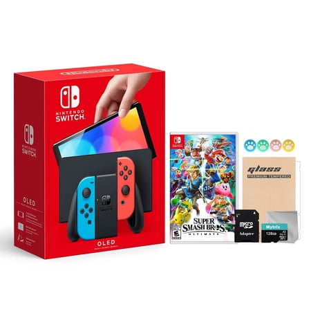 Nintendo Switch OLED Model Neon Red and Blue Joy Con 64GB Console HD Screen and LAN-Port Dock with Super Smash Bros. Ultimate and Mytrix Accessories 2021 New