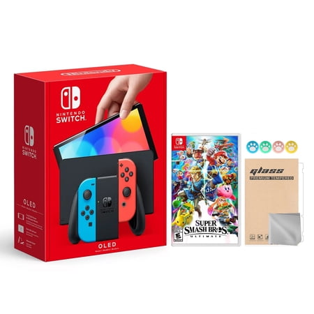 Nintendo Switch OLED Model Neon Red & Blue Joy Con 64GB Console HD Screen & LAN-Port Dock with Super Smash Bros. Ultimate And Mytrix Joystick Caps & Screen Protector