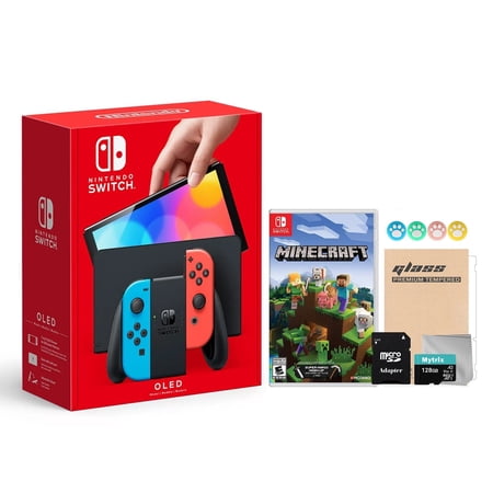 Nintendo Switch OLED Model Neon Red & Blue Joy Con 64GB Console HD Screen & LAN-Port Dock with Minecraft And Mytrix Accessories