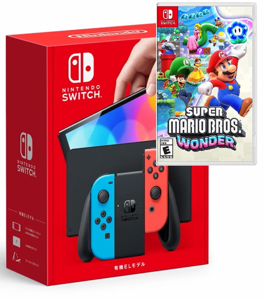 Nintendo Switch OLED Model W/Neon Red Neon Blue JoyCon Console and Super Mario Bros. Wonder