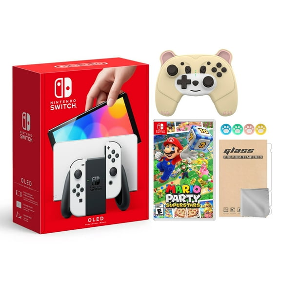 Nintendo Switch OLED Model White 64GB Console HD Screen & LAN-Port Dock with Mario Party Superstars Game, Mytrix Wireless Pro Controller Yellow Bear, Screen Protector and Joy-Stick Caps, Holiday Gift