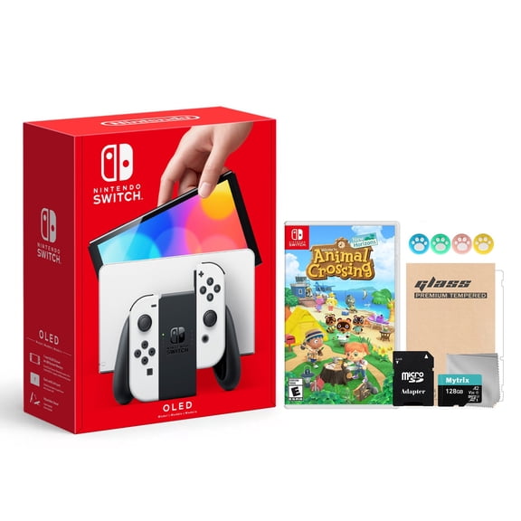 Nintendo Switch OLED Model White Joy Con 64GB Console Improved HD Screen and LAN-Port Dock with Animal Crossing: New Horizons and Mytrix Accessories 2021 New