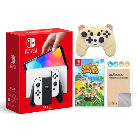Nintendo Switch OLED Model White Joy Con 64GB Console Improved HD Screen and LAN-Port Dock with Animal Crossing: New Horizons and Mytrix Wireless Switch Pro Controller and Accessories 2021 New