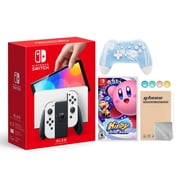 Nintendo Switch OLED Model White Joy Con 64GB Console Improved HD Screen & LAN-Port Dock Bundle with Kirby Star Allies And Mytrix Wireless Switch Pro Controller and Accessories