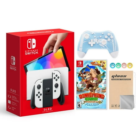 Nintendo Switch OLED Model White Joy Con 64GB Console Improved HD Screen & LAN-Port Dock with Donkey Kong Country And Mytrix Wireless Pro Controller and Accessories