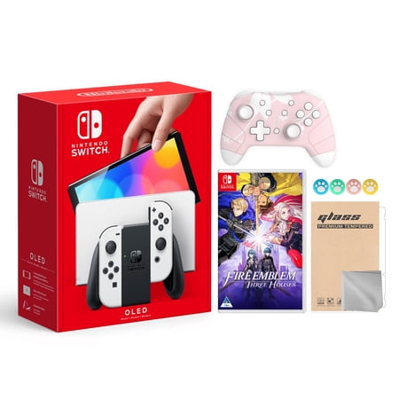 Nintendo Switch OLED Model White Joy Con 64GB Console Improved HD Screen & LAN-Port Dock with Fire Emblem: Three Houses And Mytrix Wireless Switch Pro Controller and Accessories