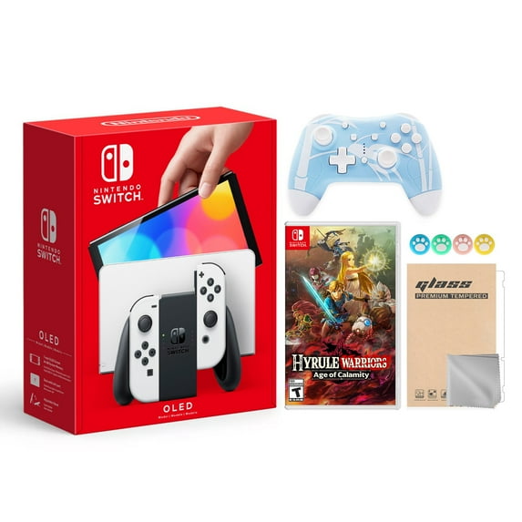 Nintendo Switch OLED Model White Joy Con 64GB Console Improved HD Screen & LAN-Port Dock with Hyrule Warriors: Age of Calamity And Mytrix Wireless Switch Pro Controller and Accessories