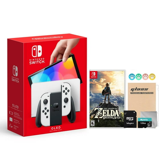 Nintendo Switch OLED Model White Joy Con 64GB Console Improved HD Screen and LAN-Port Dock with The Legend of Zelda: Breath of the Wild and Mytrix Accessories 2021 New