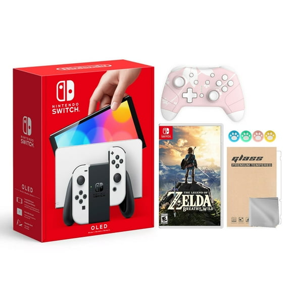 Nintendo Switch OLED Model White Joy Con 64GB Console Improved HD Screen & LAN-Port Dock with The Legend of Zelda: Breath of the Wild And Mytrix Wireless Pro Controller and Accessories