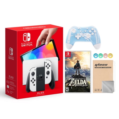 Nintendo Switch OLED Model White Joy Con 64GB Console Improved HD Screen & LAN-Port Dock with The Legend of Zelda: Breath of the Wild And Mytrix Wireless Pro Controller and Accessories
