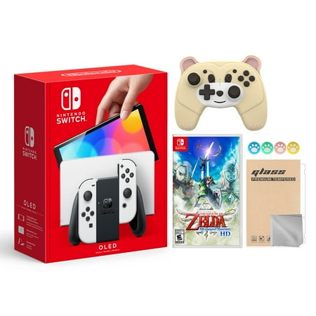 Nintendo Switch OLED Model White Joy Con 64GB Console Improved HD Screen & LAN-Port Dock with The Legend of Zelda: Skyward Sword HD And Mytrix Joystick Caps & Screen Protector