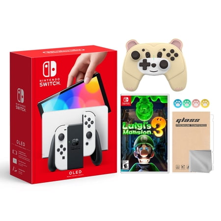 Nintendo Switch OLED Model White Joy Con 64GB Console Improved HD Screen & LAN-Port Dock with Luigi's Mansion 3 And Mytrix Wireless Switch Pro Controller and Accessories