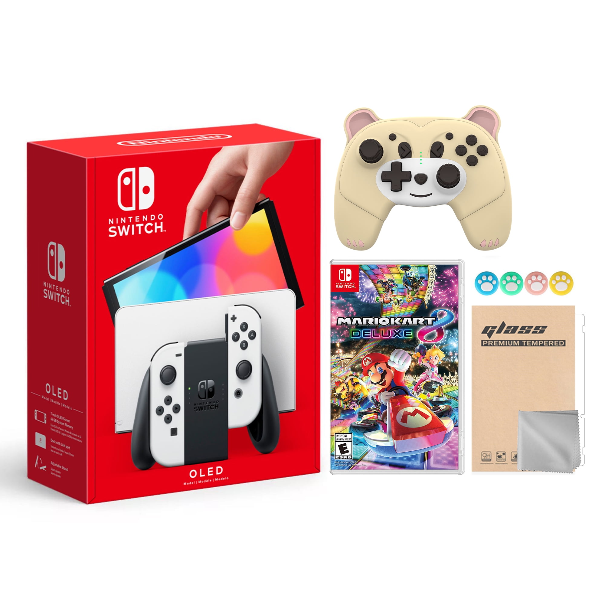 Nintendo Switch OLED Model White Joy Con 64GB Console Improved HD Screen & LAN-Port Dock with Mario Kart 8 Deluxe And Mytrix Wireless Switch Pro Controller and Accessories - JP Version Region Free