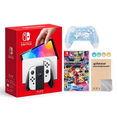 Nintendo Switch OLED Model White Joy Con 64GB Console Improved HD Screen & LAN-Port Dock with Mario Kart 8 Deluxe And Mytrix Wireless Switch Pro Controller and Accessories