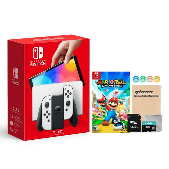 Nintendo Switch OLED Model White Joy Con 64GB Console Improved HD Screen and LAN-Port Dock with Mario Rabbids Kingdom Battle and Mytrix Accessories 2021 New