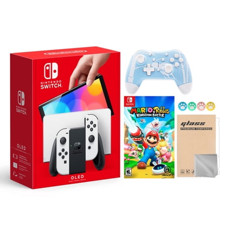 Nintendo Switch OLED Model White Joy Con 64GB Console Improved HD Screen & LAN-Port Dock Bundle with Mario Rabbids Kingdom Battle And Mytrix Wireless Controller and Accessories