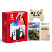 Nintendo Switch OLED Model White Joy Con 64GB Console Improved HD Screen & LAN-Port Dock with Minecraft And Mytrix Wireless Switch Pro Controller and Accessories - JP Version Region Free