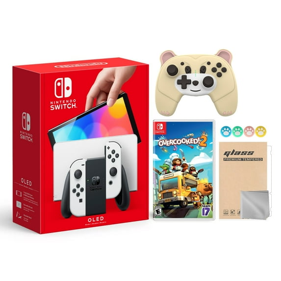Nintendo Switch OLED Model White Joy Con 64GB Console Improved HD Screen & LAN-Port Dock with Overcooked! 2 and Mytrix Accessories - JP Version Region Free