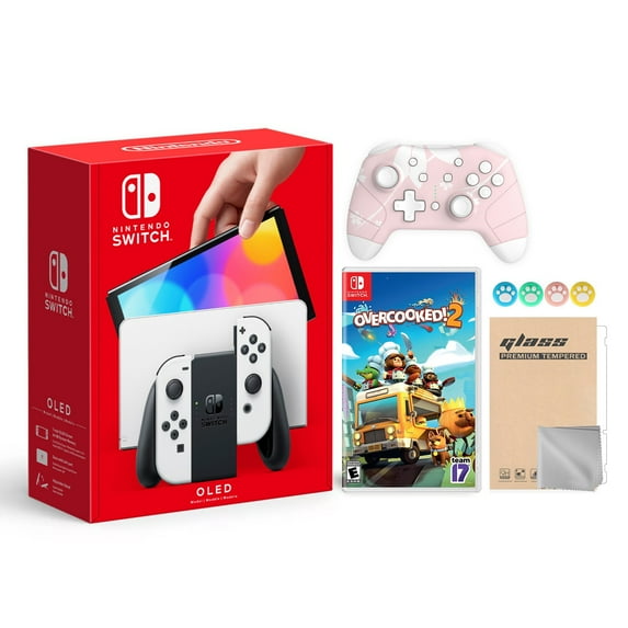 Nintendo Switch OLED Model White Joy Con 64GB Console Improved HD Screen & LAN-Port Dock with Overcooked! 2 And Mytrix Wireless Switch Pro Controller and Accessories