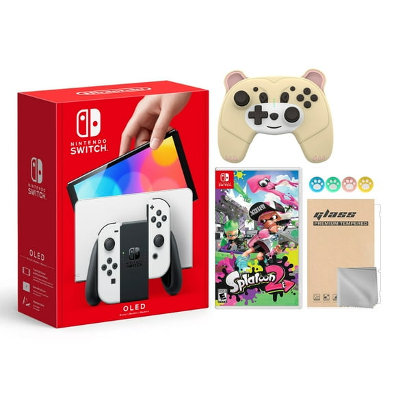 Nintendo Switch OLED Model White Joy Con 64GB Console Improved HD Screen & LAN-Port Dock with Splatoon 2 And Mytrix Accessories - JP Version Region Free